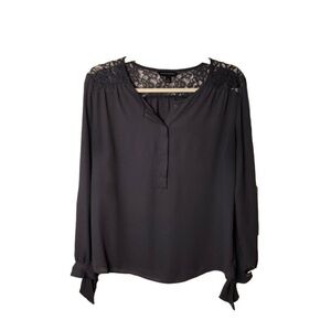 Banana Republic Silk Like Blouse with Lace Accent on Shoulders and Tie Cuffs